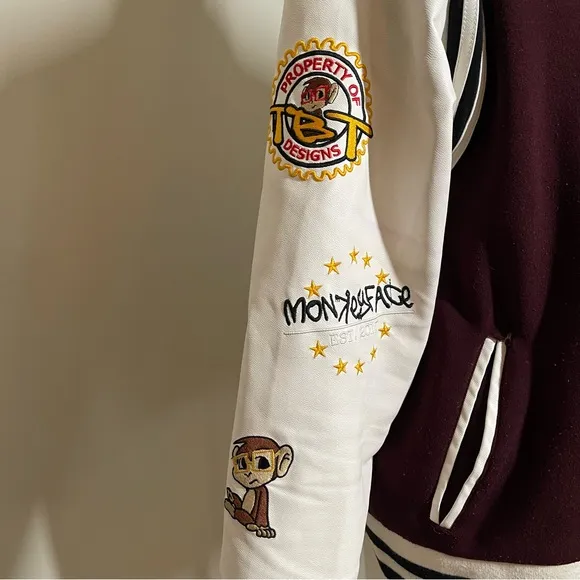 Monkey Face Unisex Embroidered Burgundy White Full Zip Baseball Jacket