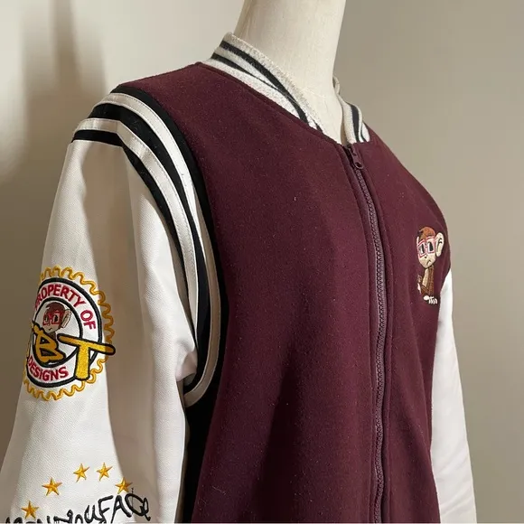 Monkey Face Unisex Embroidered Burgundy White Full Zip Baseball Jacket