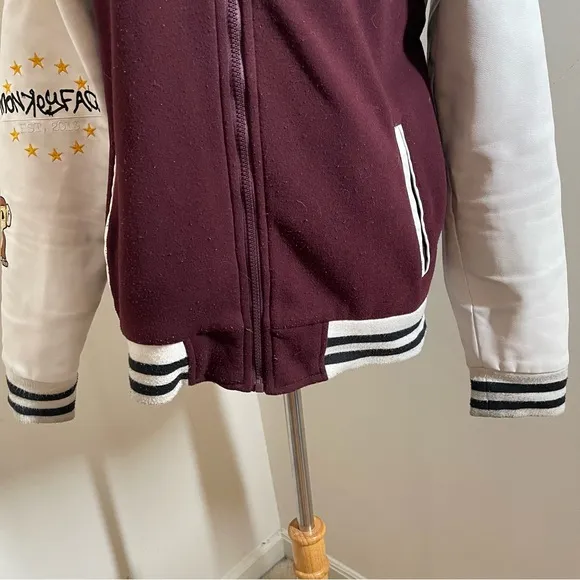 Monkey Face Unisex Embroidered Burgundy White Full Zip Baseball Jacket