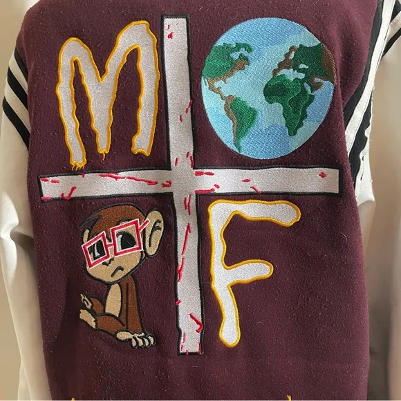 Monkey Face Unisex Embroidered Burgundy White Full Zip Baseball Jacket