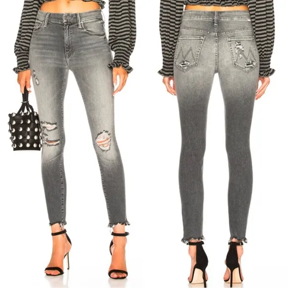 Mother High Waisted Looker Ankle Chew Jeans Scene Of The Crime Gray Distressed