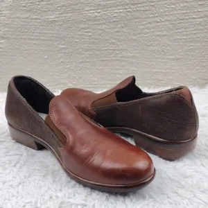 NAOT Brown Two Tone Leather Upper Almond Toe Low Block Heel Slip On Loafer Shoe