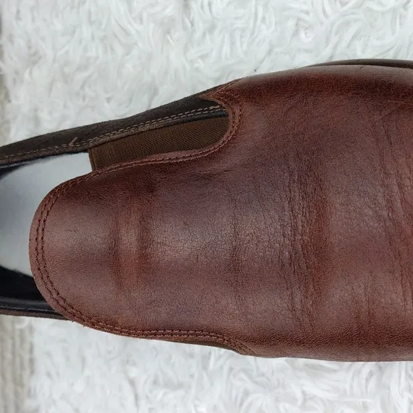 NAOT Brown Two Tone Leather Upper Almond Toe Low Block Heel Slip On Loafer Shoe