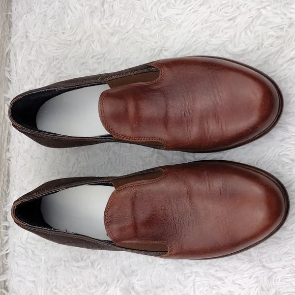 NAOT Brown Two Tone Leather Upper Almond Toe Low Block Heel Slip On Loafer Shoe