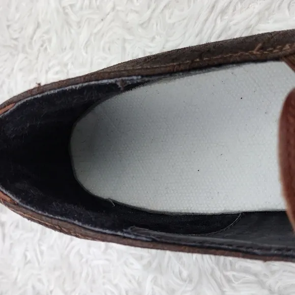 NAOT Brown Two Tone Leather Upper Almond Toe Low Block Heel Slip On Loafer Shoe