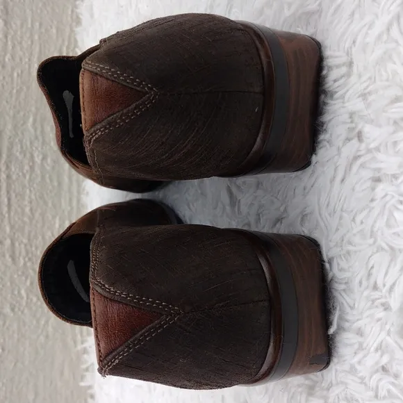 NAOT Brown Two Tone Leather Upper Almond Toe Low Block Heel Slip On Loafer Shoe