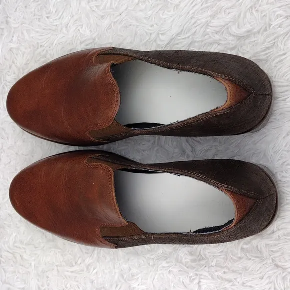 NAOT Brown Two Tone Leather Upper Almond Toe Low Block Heel Slip On Loafer Shoe