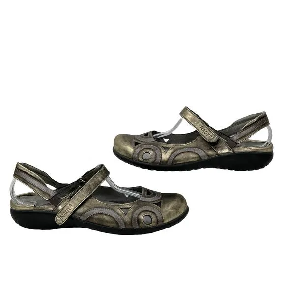 Naot Rongo Women's Mary Jane Shoes SZ 10 Gold Leather Artistic Whimsy Quirky Fun