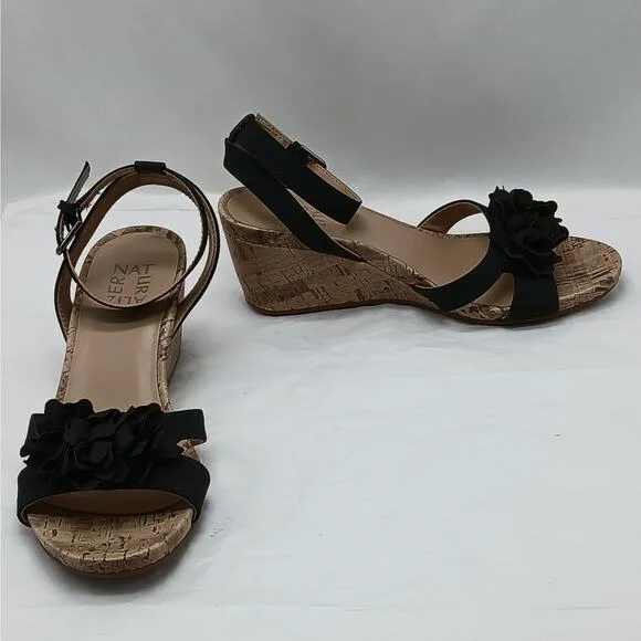 Naturalizer Areda Flower Wedge Sandals Womens 7.5M Black Cork Heel Shoes