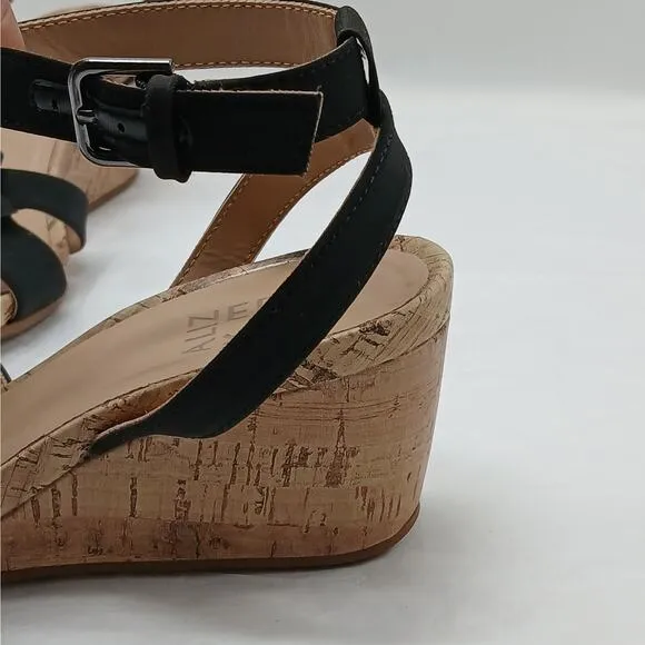 Naturalizer Areda Flower Wedge Sandals Womens 7.5M Black Cork Heel Shoes