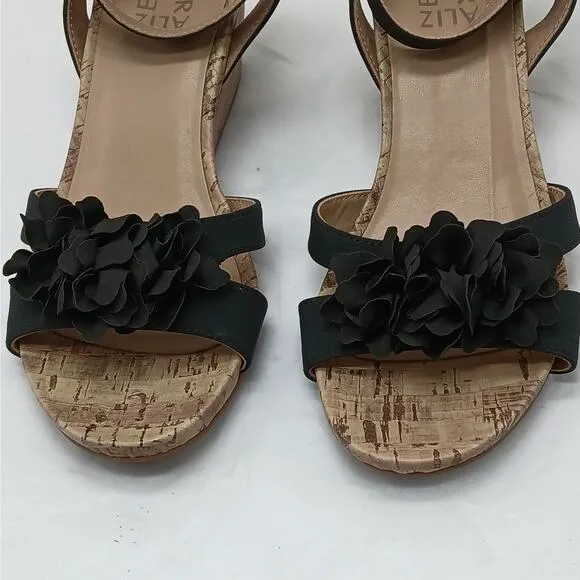 Naturalizer Areda Flower Wedge Sandals Womens 7.5M Black Cork Heel Shoes