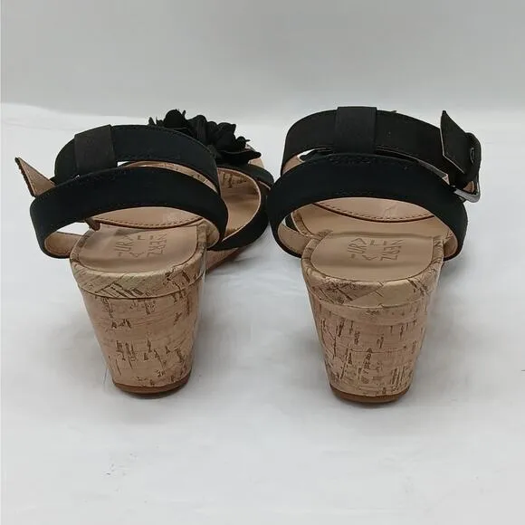 Naturalizer Areda Flower Wedge Sandals Womens 7.5M Black Cork Heel Shoes