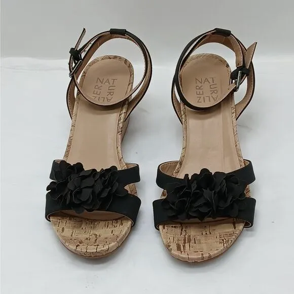 Naturalizer Areda Flower Wedge Sandals Womens 7.5M Black Cork Heel Shoes