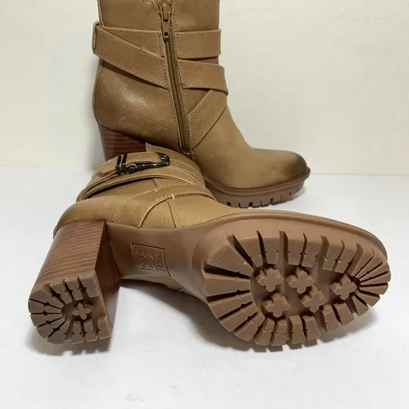 Naturalizer Lyra Boots Leather Buckle Lug Sole Heel Booties Dark Bamboo Size 6