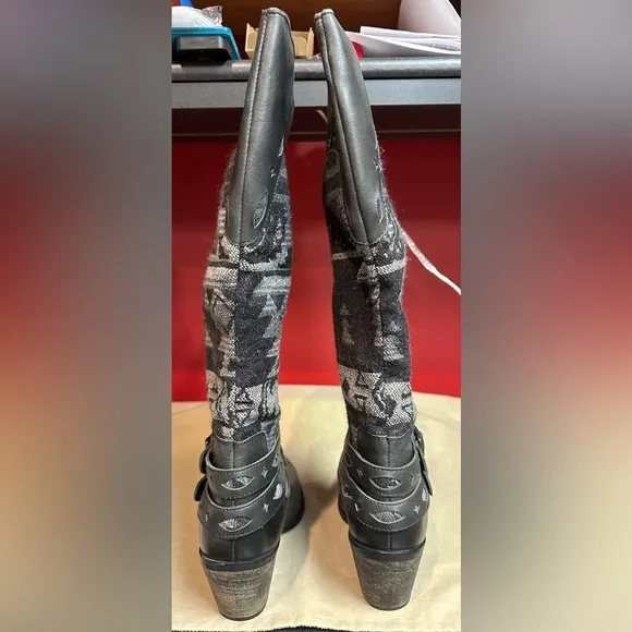 Naughty Monkey Black Leather &amp; Southwest Woven Design Boots Women’s Size 10