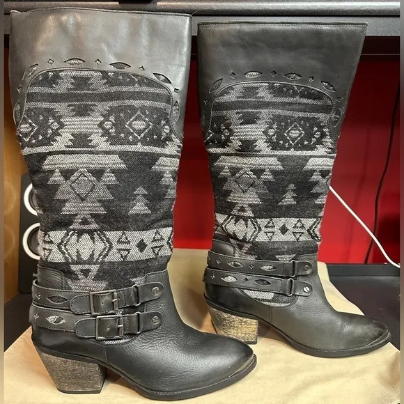 Naughty Monkey Black Leather &amp; Southwest Woven Design Boots Women’s Size 10