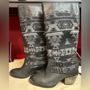 Naughty Monkey Black Leather &amp; Southwest Woven Design Boots Women’s Size 10