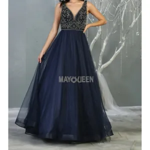 Navy blue long beaded semi open back dress