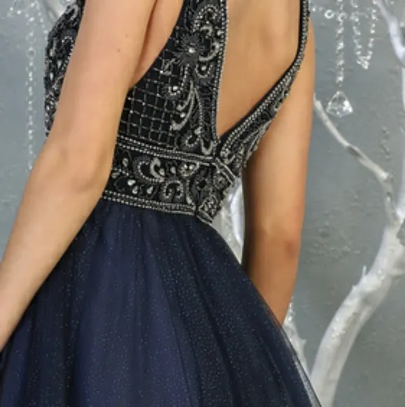 Navy blue long beaded semi open back dress