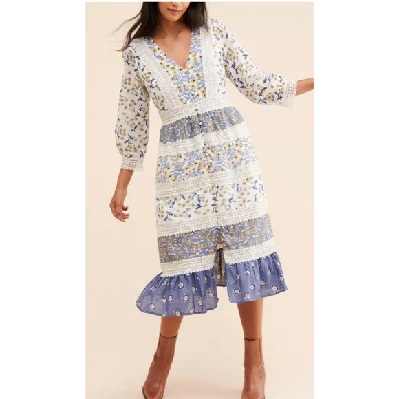 NEW Anthropologie Roberta Midi Dress Size 12 Blue Floral Bohemian