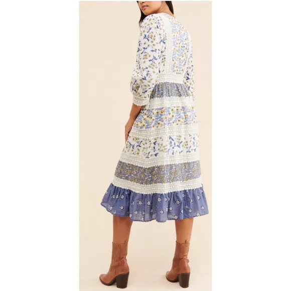 NEW Anthropologie Roberta Midi Dress Size 12 Blue Floral Bohemian