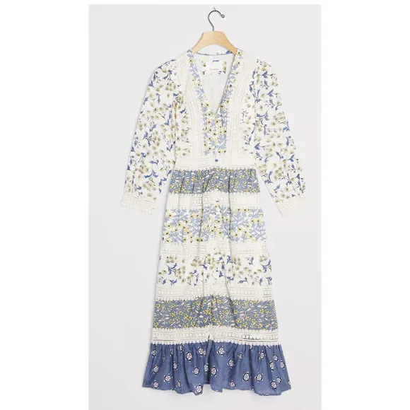 NEW Anthropologie Roberta Midi Dress Size 12 Blue Floral Bohemian
