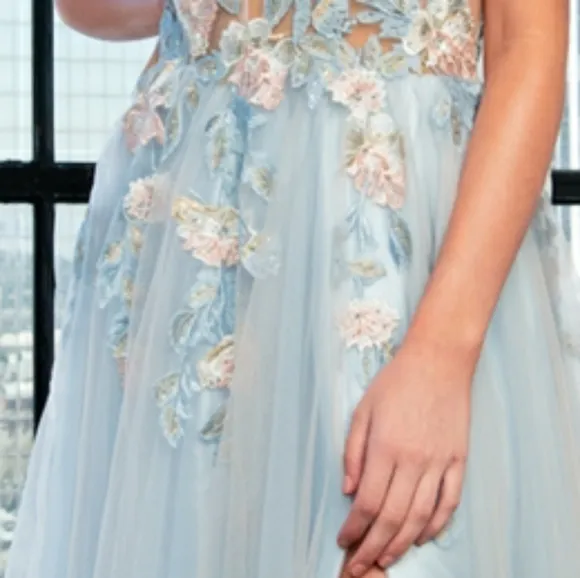 New Baby blue multi color floral long tulle gown