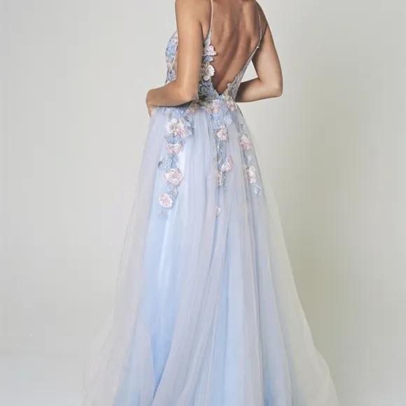 New Baby blue multi color floral long tulle gown
