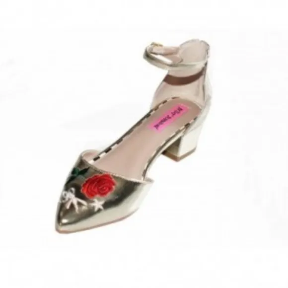 NEW BETSEY JOHNSON RARE CAILY GOLD FLORAL KITTEN BLOCK HEEL/SANDAL