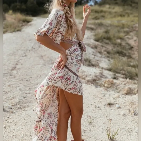 New Festival Cutout Tie Floral Maisie Bambi Dress Cream Pink Purple