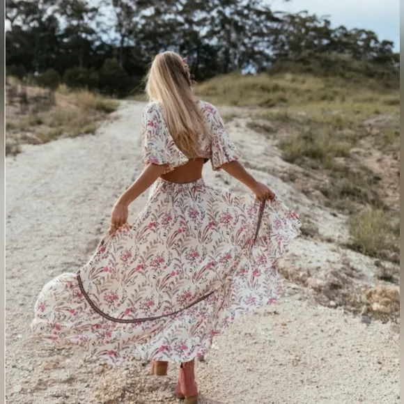 New Festival Cutout Tie Floral Maisie Bambi Dress Cream Pink Purple
