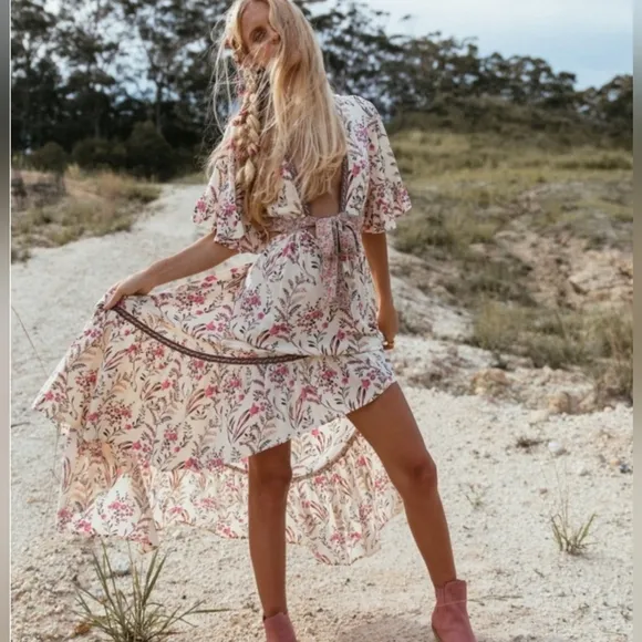 New Festival Cutout Tie Floral Maisie Bambi Dress Cream Pink Purple