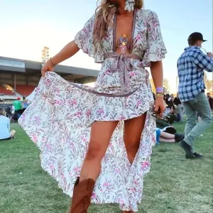 New Festival Cutout Tie Floral Maisie Bambi Dress Cream Pink Purple