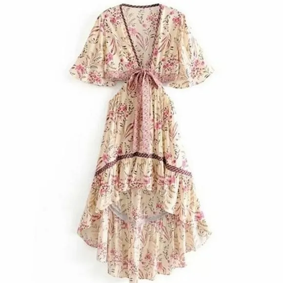 New Festival Cutout Tie Floral Maisie Bambi Dress Cream Pink Purple