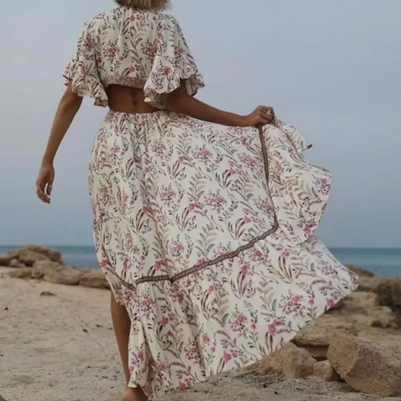 New Festival Cutout Tie Floral Maisie Bambi Dress Cream Pink Purple