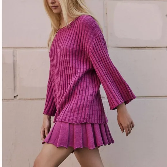 NEW Free People Kenzie Sweater Knit Set - Cactus Rose Pink Casual Cotton
