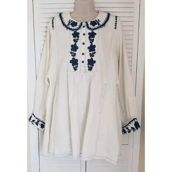 NEW FREE PEOPLE MORE TO COME EMBROIDERED LONG SLEEVE IVORY MINI DRESS LARGE