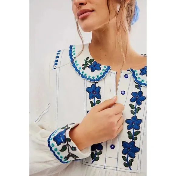 NEW FREE PEOPLE MORE TO COME EMBROIDERED LONG SLEEVE IVORY MINI DRESS LARGE