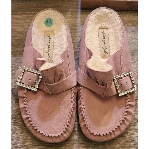 New Free People Shearling After Riding Mules Size 7.5 Pink Frost Bohemian Bling