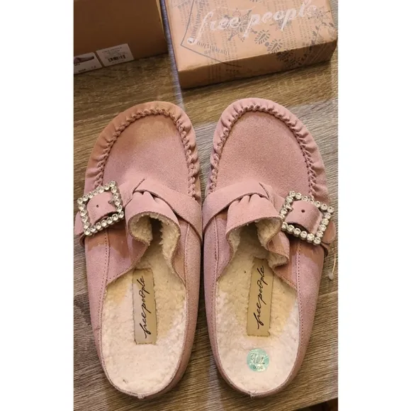 New Free People Shearling After Riding Mules Size 7.5 Pink Frost Bohemian