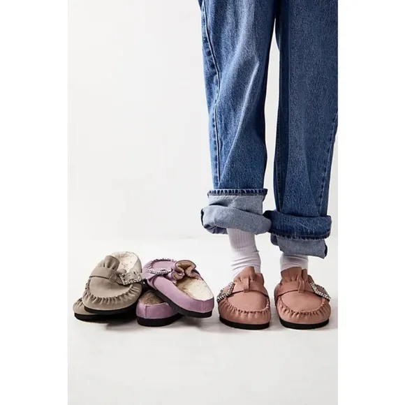New Free People Shearling After Riding Mules Size 7.5 Pink Frost Bohemian