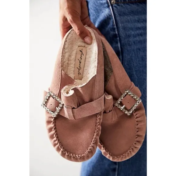 New Free People Shearling After Riding Mules Size 7.5 Pink Frost Bohemian