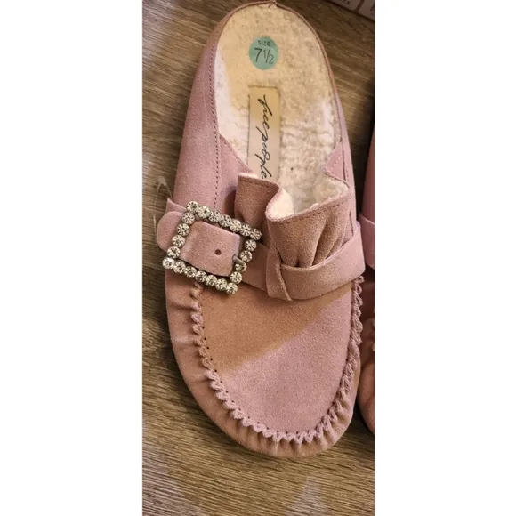 New Free People Shearling After Riding Mules Size 7.5 Pink Frost Bohemian