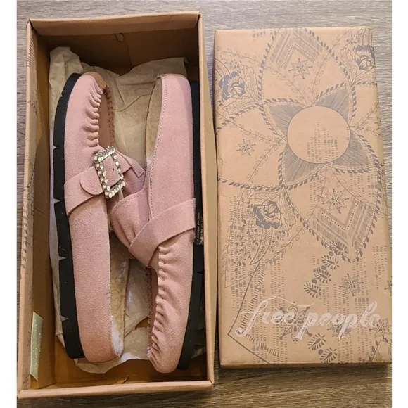 New Free People Shearling After Riding Mules Size 7.5 Pink Frost Bohemian