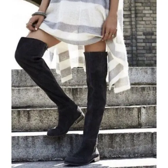 NEW FREE PEOPLE Sz 37 7 CARSON OVER THE KNEE STRETCH SUEDE BOOTS BLACK