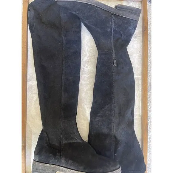 NEW FREE PEOPLE Sz 37 7 CARSON OVER THE KNEE STRETCH SUEDE BOOTS BLACK