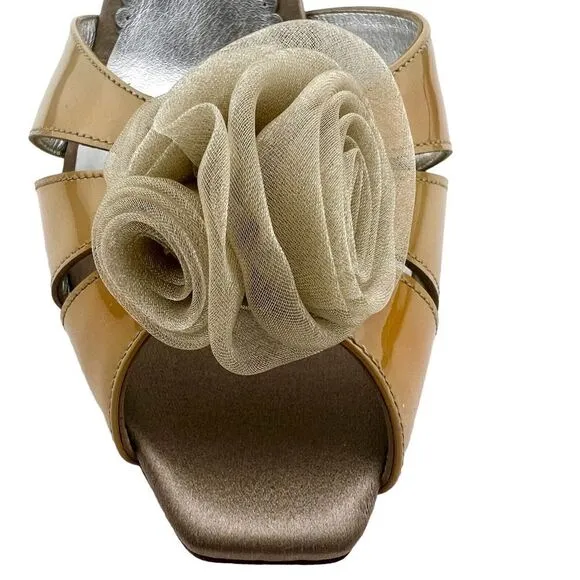 New Giorgio Armani Women US 9 Shoes Beige Patent Leather Wedge High Heel Sandals