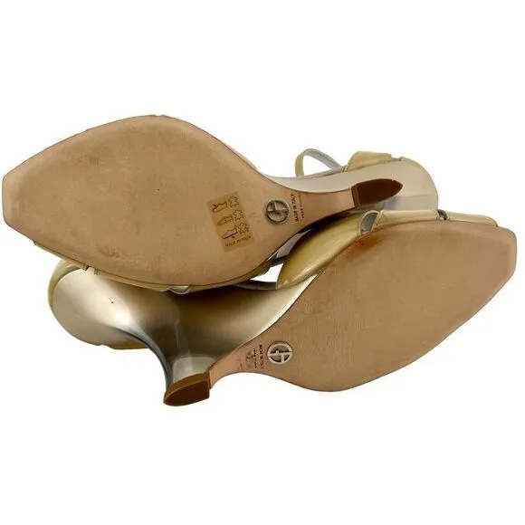 New Giorgio Armani Women US 9 Shoes Beige Patent Leather Wedge High Heel Sandals