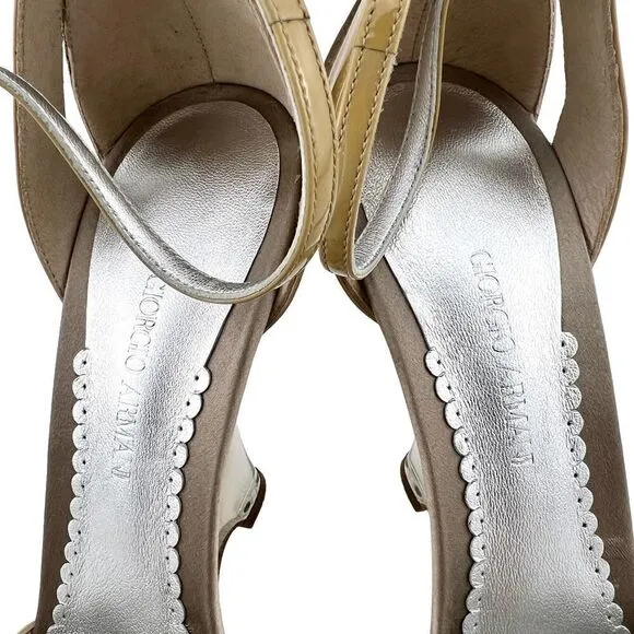 New Giorgio Armani Women US 9 Shoes Beige Patent Leather Wedge High Heel Sandals