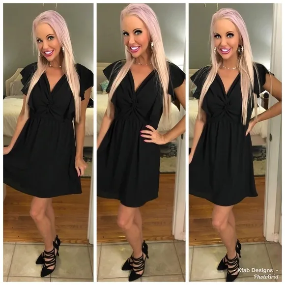 NEW! Gorgeous Black V Neck Ruffle Ruffle Flutter Sleeve Dress